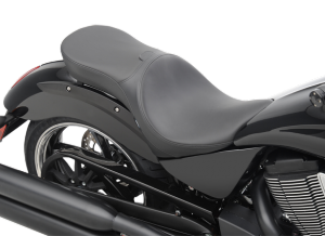 •Solar-reflective leather in the seating area and automotive-grade vinyl on the sides; patented process reduces surface temperature by as much as 25°F for a cooler seat, higher durability and longer life over conventional leather or vinyl •Lower position creates better rider position with improved styling •Flexible urethane foam for maximum comfort •Seats have built-in removable backrest for driver only •Backrest included •Feature the EZ Glide I system for a smooth and virtually corrosion-free operation •3/16" ABS thermoformed seat base with carpeted bottom to protect paint •Include mounting hardware •Fit with OEM sissy bar •Made in the U.S.A.