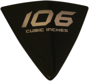106 Cubic Inch Right Side Wedge Badge - Solid Aluminum with 3M Double Sided Tape - Black Background with Silver Lettering