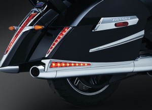 reate a low, mean tail-dragger look at an affordable price with easy plug-&-play installation that requires no drilling. Two-piece design installs with stock exhaust, or any aftermarket exhaust with matching or smaller diameter. ABS plastic available in chrome or gloss black, with red lenses and L.E.D. running lights.