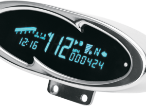 High brightness readout with automatic nighttime dimming 0-199 mph adjustable speedometer Quick-response bar graph or digital tachometer Odometer with two resettable trip meters Oil pressure display with settable warning point Voltmeter with low voltage warning 12-hour clock Gear position display Fuel level display with sender learn routine Turn signal, high beam, neutral, low oil and service engine/wait to start indicators Performs calculations and displays high speed/rpm recall, 0-60 timer and 1/4-mile time and speed Available with several housing styles Sending units, adapters and mounting brackets available separately for use with either electronic or cable drive systems; handlebar clamp mounts for American IronHorse motorcycles allow gauges to be mounted above or below handlebars and include wiring harness that plugs directly into stock wiring Gauges and mounts available with chrome or black-anodized finish
