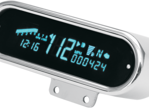 High brightness readout with automatic nighttime dimming 0-199 mph adjustable speedometer Quick-response bar graph or digital tachometer Odometer with two resettable trip meters Oil pressure display with settable warning point Voltmeter with low voltage warning 12-hour clock Gear position display Fuel level display with sender learn routine Turn signal, high beam, neutral, low oil and service engine/wait to start indicators Performs calculations and displays high speed/rpm recall, 0-60 timer and 1/4-mile time and speed Available with several housing styles Sending units, adapters and mounting brackets available separately for use with either electronic or cable drive systems; handlebar clamp mounts for American IronHorse motorcycles allow gauges to be mounted above or below handlebars and include wiring harness that plugs directly into stock wiring Gauges and mounts available with chrome or black-anodized finish