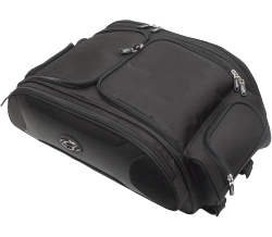 A sharp collection of motorcycle luggage from Saddlemen; the FTB line features a bold, yet sporty look with an array of vital features bundled with superb construction and class-leading value pricing This trunk and rack bag mounts in moments without fuss, using rugged nylon straps and clips attached directly to the body of the bag Brings never-before-seen style to the top of your touring bike’s trunk, trunk rack or large rear rack Semi-rigid walls, specially contoured for style and load capacity, hold their shape regardless of your cargo Gull-wing top flaps have perimeter zippers that open wide for easy loading and unpacking If the weather gets wet, use the supplied high-visibility, light-reflective rain cover to protect the bag and its contents FTB3300 dimensions: 221/2" W x 9" H x 12" D (bag excluding pockets) and 26" W x 9" H x 15" D (bag including pockets); capacity 10 lb.