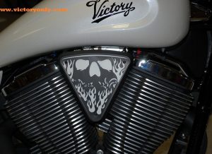 3d skull wedge Installed Victory Motorcycle Black base, White Backer, Black Artwork