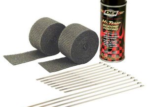 A simple and effective way to control heat, protect against serious leg burns and improve performance. DEI Pipe wrap kits contain everything needed to wrap a set of pipes on most V-Twin Motorcycles all in one convenient package. Each kit includes two 2" x 15 foot rolls of Black exhaust wrap, eight 8" & four 14" stainless steel Locking Ties to secure wrap and Black HT Silicone Coating spray that penetrates, seals, protects and preserves wrap. A proprietary coating is applied to all DEI wrap to act as a bonding agent and to increase durability levels under extreme heat.