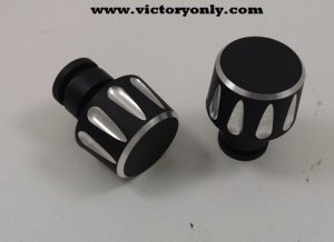Fit all stock Victory® grips. Fit most aftermarket bars Will not fit Stock Vision Bars Sold 2 to a set Add that custom look to your stock grips with these custom bar ends. These bar ends are made from high strength, 6061-T6 aircraft grade billet aluminum - no die cast stuff here. A durable powder coat finish in a 60% gloss black to perfectly compliment your Victory®. After all of that work, we machine custom designs back into the aluminum for a high contrast finish.