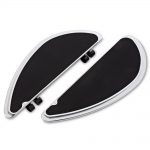 Our Smoothie fusion series floorboards feature sculpted billet aluminum with high traction rubber for clean styling and high foot traction. These boards have 3 different mounting locations allowing you to adjust the board to your preferred riding position. Features: Machined from billet aluminum Knurled rubber for optimum foot grip 3 different mounting locations, giving 3" of adjustability. This allows you to adjust the floorboard forward or back to obtain your preferred riding position. Matching passenger boards are available. Chrome finish. Measurements: Driver Floorboards : 13.8"L x 5.0"W.