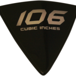 106 Cubic Inch Right Side Wedge Badge - Solid Aluminum with 3M Double Sided Tape - Black Background with Silver Lettering