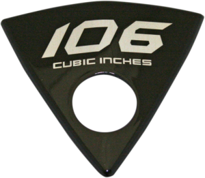 106 Cubic Inch Right Side Wedge Badge - Solid Aluminum with 3M Double Sided Tape - Black Background with Silver Lettering