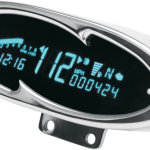 High brightness readout with automatic nighttime dimming 0-199 mph adjustable speedometer Quick-response bar graph or digital tachometer Odometer with two resettable trip meters Oil pressure display with settable warning point Voltmeter with low voltage warning 12-hour clock Gear position display Fuel level display with sender learn routine Turn signal, high beam, neutral, low oil and service engine/wait to start indicators Performs calculations and displays high speed/rpm recall, 0-60 timer and 1/4-mile time and speed Available with several housing styles Sending units, adapters and mounting brackets available separately for use with either electronic or cable drive systems; handlebar clamp mounts for American IronHorse motorcycles allow gauges to be mounted above or below handlebars and include wiring harness that plugs directly into stock wiring Gauges and mounts available with chrome or black-anodized finish
