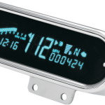 High brightness readout with automatic nighttime dimming 0-199 mph adjustable speedometer Quick-response bar graph or digital tachometer Odometer with two resettable trip meters Oil pressure display with settable warning point Voltmeter with low voltage warning 12-hour clock Gear position display Fuel level display with sender learn routine Turn signal, high beam, neutral, low oil and service engine/wait to start indicators Performs calculations and displays high speed/rpm recall, 0-60 timer and 1/4-mile time and speed Available with several housing styles Sending units, adapters and mounting brackets available separately for use with either electronic or cable drive systems; handlebar clamp mounts for American IronHorse motorcycles allow gauges to be mounted above or below handlebars and include wiring harness that plugs directly into stock wiring Gauges and mounts available with chrome or black-anodized finish