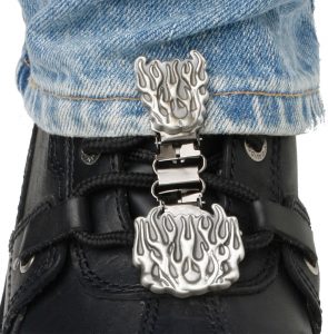 The patented Original Ryder Clips boot stirrup boot clips are designed to fit your stirrup boots. Simply clip the stirrup boot clip to the stirrup or strap of your boot, then clip to the cuff of your pants. We've designed this with function, style and safety for the motorcycle rider. Laced boot stirrup boot clips come in many different designs that match men's and women's personal style to look cool on their bikes.