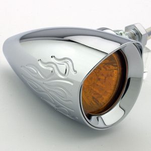 • 5/16-24 x 1" hex head cap screw supplied (drilled for wire feed) • Single filament MR11 20W halogen bulb • Vibration isolation: Rubber mounted bulb for long life • Flames are ball milled • Traditional visor cut into housing • CNC machined from 6061-T6 billet aluminum • Housing is internally threaded and features a screw-in bezel that provides a clean, seamless look • Sold in pairs • Made in the USA by Headwinds, Inc.