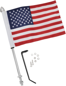 Includes 6'' x 9'' American Flag Black mount easily connects to either of the lower rear saddlebag brackets, allowing riders to choose which side to mount to, or get a pair and mount to both sides Popular 12'' flag pole with custom attachment for the Victory
