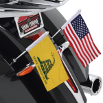 Includes 6'' x 9'' American Flag Black mount easily connects to either of the lower rear saddlebag brackets, allowing riders to choose which side to mount to, or get a pair and mount to both sides Popular 12'' flag pole with custom attachment for the Victory