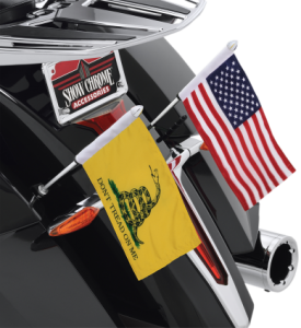Includes 6'' x 9'' American Flag Black mount easily connects to either of the lower rear saddlebag brackets, allowing riders to choose which side to mount to, or get a pair and mount to both sides Popular 12'' flag pole with custom attachment for the Victory