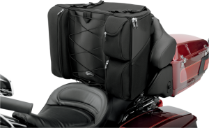 Designed to fit perfectly between the rider and Tourpack on the back seat of all Dresser models Fully rigid; can be leaned against, even when empty Full-size top opening for easy packing Top carry handle and backpack straps for easy toting Top accessory straps allow you to add on a Saddlemen roll bag, extra jacket, etc. Extra side mesh pouches perfect for maps Constructed of UV-, water- and weather-resistant 1200-denier SaddleTuff™ and leather-like SaddleHyde™ panels Insulated side cooler pouches; adjustable bungee net Dimensions: 21" W x 18.5" H x 19" D; measures 4,100 cubic inches