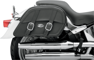 Clean-styled saddlebags available in Throw-Over or Custom-Fit mounting Throw-Over style includes a multi-adjustable yoke which hangs the bags from the fender or seat; also includes a quick-release bag connection to take off bags without disturbing the yoke or seat and a rear-mounted carry handle Custom-Fit style has a strong, smooth backside and no yoke, designed to allow custom mounting to your motorcycle Made of a durable combination of materials including genuine leather, weather-resistant SaddleHyde™, chrome-plated brass and tough plastic frame All feature 1 1/2" chrome-plated buckles and genuine leather straps with lockable, quick-release hidden buckles Extra-strong plastic back works perfectly with the S4 Quick-Disconnect Mounting System S4 saddlebag support brackets (sold separately) are strongly recommended
