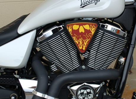 3d skull wedge Installed Victory Motorcycle Black base Yellow Backer Red Artwork
