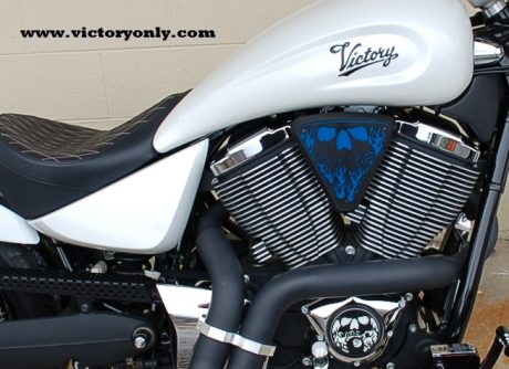 3d skull wedge Installed Victory Motorcycle Black base Blue Backer Black Artwork