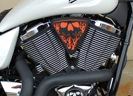 3d skull wedge Installed Victory Motorcycle Black base Orange Backer Black Artwork