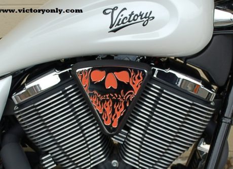 3d skull wedge Installed Victory Motorcycle Black base Orange Backer Chrome Artwork