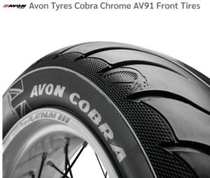 Offers premium performance and a stylish Cobra themed design. The Cobra Chrome is the next chapter in Avon design, featuring a snake skin effect on tire shoulder and embossed cobra head logo. Available in custom sizes with enhanced compounds and new construction that delivers improved stopping distances in wet conditions.
