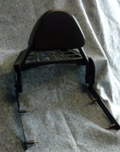 Sissybar backrest & Rack Kit Victory Motorcycle Hammer Jackpot Black VICTORY MOTORCYCLE HAMMER OR JACKPOT SISSY BAR BACKREST KIT IN BLACK CERAMIC COATED. THE BLACK BACKREST AND SISSY BARS ARE A TRUE FLAT BLACK FINISH FOR THE 8 BALL MOTORCYCLES OR ANYONE LOOKING TO BLACK OUT THEIR VICTORY MOTORCYCLE. ADD AN OPTIONAL REAR RACK TO FINISH OFF THE LOOK OF THESE WIDE AND NEW LOOK BACKRESTS. NO LONGER A SKINNY BACKREST ON A FAT FENDER HAMMER AND JACKPOT. ACTUALLY A BACKREST MADE TO FIT YOUR VICTORY. THIS IS THE FULL KIT EVERYTHING YOU NEED TO INSTALL. INCLUDES NEWEST DESIGN RACK JUST RELEASED! THE RACK IS BUILT TO MATCH THE ANGLE OF THE REAR FENDER Receivers bolt to last two eyebrow mounts in stock fender mounts. INCLUDES ALL HARDWARE AND MOUNTING INSTRUCTIONS. Fits 2005 – 2017 Victory Hammer & Victory Jackpot & Victory Vegas Jackpot (not standard vegas) Triple Finish Show Chrome. • Nicest sissy bar you can get for your Victory. • Clean and simple no bars hanging all over your bike. WIDE AND MOST COMFORTABLE ON THE MARKET !! WIDE BACKREST TO MATCH THE WIDE FENDER JACKPOT AND HAMMER MOTORCYCLE FENDERS. NO MORE SKINNY SISSY BAR ON A WIDE FENDER JACKPOT AND HAMMER HAMMER & JACKPOT RACK KIT INCLUDED Measures 16.5 inches wide and tapers to 11 inches wide before going to point. 10.5 inches Long. Height of sides under rack also Tapers to match the contour of the rear Fenders. Its 1.75 high at back point then tapers to 1 inch close to the point. Note: Sissy bar will work but the rack will not work with the MUSTANG Dwide touring seat on rear like on the Ness Jackpot. It doesn’t leave the clearance needed.