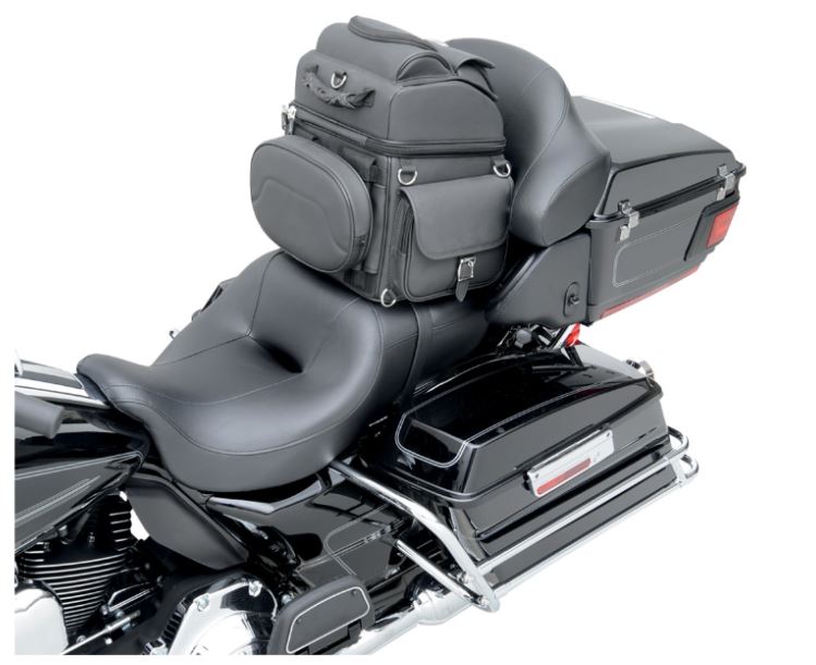 Rugged blend of leather-grained materials looks great on any type of motorcycle Rigid internal structure is strong enough to lean on, even when empty No sissy bar required Two mounting systems included: Saddlemen's Versa Mount™ seat harness or adjustable sissy bar strap system easily attach bag to motorcycle seat, luggage rack, or sissy bar Included backrest pad can be adjusted for additional comfort for the passenger or driver Sturdy grip handle for convenient carrying Includes detachable backpack straps for easy off-the-bike jaunts Spacious top-loading main compartment and large top-loading main compartment Padded storage compartment fits small laptop Four external pockets and five internal mesh pockets Easy-to-use side release buckles on each strap, decorative chrome buckles provide style Rain cover with security tether protects the bag from elements Top exterior flap can be adjusted to carry a jacket Mini-padlock for security (includes extra keys) Measures 15" H x 11" W x 10" D with 1,800 cubic inches of cargo capacity and holds one 3/4 helmet plus other cargo