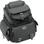 Rugged blend of leather-grained materials looks great on any type of motorcycle Rigid internal structure is strong enough to lean on, even when empty No sissy bar required Two mounting systems included: Saddlemen's Versa Mount™ seat harness or adjustable sissy bar strap system easily attach bag to motorcycle seat, luggage rack, or sissy bar Included backrest pad can be adjusted for additional comfort for the passenger or driver Sturdy grip handle for convenient carrying Includes detachable backpack straps for easy off-the-bike jaunts Spacious top-loading main compartment and large top-loading main compartment Padded storage compartment fits small laptop Four external pockets and five internal mesh pockets Easy-to-use side release buckles on each strap, decorative chrome buckles provide style Rain cover with security tether protects the bag from elements Top exterior flap can be adjusted to carry a jacket Mini-padlock for security (includes extra keys) Measures 15" H x 11" W x 10" D with 1,800 cubic inches of cargo capacity and holds one 3/4 helmet plus other cargo
