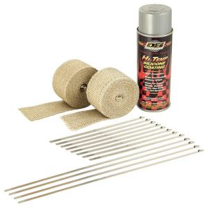 A simple and effective way to control heat, protect against serious leg burns and improve performance. DEI Pipe wrap kits contain everything needed to wrap a set of pipes on most V-Twin Motorcycles all in one convenient package. Each kit includes two 2" x 15 foot rolls of Black exhaust wrap, eight 8" & four 14" stainless steel Locking Ties to secure wrap and Black HT Silicone Coating spray that penetrates, seals, protects and preserves wrap. A proprietary coating is applied to all DEI wrap to act as a bonding agent and to increase durability levels under extreme heat.