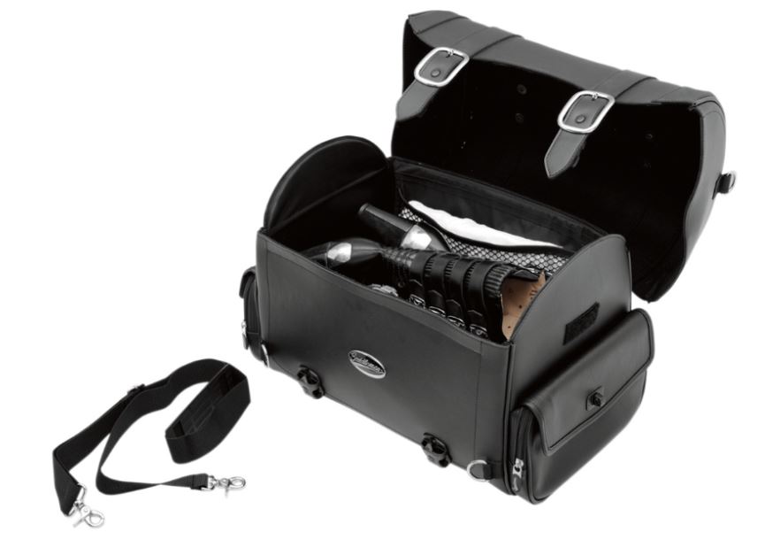 PRODUCT NAME SISSY BAR BAG MODEL EX2200 DRIFTER COLOR/FINISH BLACK / CHROME MATERIAL SYNTHETIC LEATHER / SADDLEHYDE™ HEIGHT 16" WIDTH 12-1/2" DEPTH 10-1/4" CLOSURE BUCKLE / ZIPPER MOUNTING POSITION REAR FEATURES HANDLE / INCLUDES SHOULDER STRAP