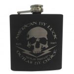 6 oz. stainless steel flask with black powder coating and silver engraving.