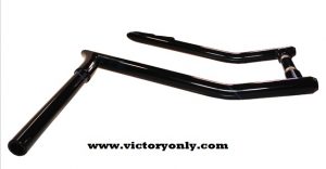 HI/LO SPIKE BEND CUSTOM HANDLEBARS FOR VICTORY CROSS COUNTRY These bars can be used at a low profile height or can be raised to give your bike that custom ape hanger feel These are not pre drilled because of victory's cables are on the outside But if you want to do internal wiring, we can pre drill for no extra charge MADE IN THE USA! THESE COME POWDER COAT GLOSSY OR SATIN BLACK • PLEASE LET US KNOW WHAT FINISH YOU WOULD LIKE 1 1/4" TUBING WITH A DOM .120 WALL THICKNESS. THESE ARE 100% TIG WELDED. THEY ARE FMB CHOPPERS OWN DESIGN AND THERE A GREAT FEEL AND LOOK 34-1/2" BAR TIP TO TIP 17" FROM MOUNTING BASE TO TOP OF HAND CONTROL AREA 10-1/2" Side to side inside 113" outside to outside 8-1/2" OF 1" TUBING FOR CONTROLS 3 days to ship raw, 5-6 days to ship powder coat (INSTALLATION NOTES) By re routing your cables, wires and re angling your banjo fitting these bars will bolt right on with out extending any of your cables But we still suggest buying victory's extended brake cable On the inside of the switch housings there is a little alignment dowel that will need to be gridded down with a file or dremel 