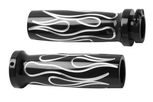 Arlen Ness Grips For Victory Chrome Flamed Part number: M-1234 Conical Style Billet Flamed Grips (M-1234) by Arlen Ness®. Finish: Chrome 1 Pair. Conical style billet grips machined to perfection. Innovative rubber inserts have a soft air cushion feel that dampens vibration for a comfortable ride. Slightly larger diameter than stock, which helps with hand fatigue during long rides and carpal tunnel. Original designs from the company that brought the motorcycle industry the 1st billet grips. Each grip is machined from 6061-T6 billet aluminum. FITS: Victory Boardwalk 2013-2014 Cross Country 2010-2017 Cross Roads 2010-2012 Gunner 2015-2017 Hammer 2005-2011 Hard-Ball 2012-2013 High-Ball 2012-2017 Jackpot 2014 Judge 2013-2014 Kingpin 2004-2012 Magnum 2015-2017 Octane 2017 Touring Cruiser 2004-2006 Vegas 2004-2012, 2016-2017 Vision 2016-2017