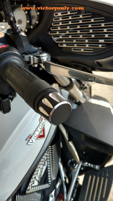 Fit all stock Victory® grips. Fit most aftermarket bars Will not fit Stock Vision Bars Sold 2 to a set Add that custom look to your stock grips with these custom bar ends. These bar ends are made from high strength, 6061-T6 aircraft grade billet aluminum - no die cast stuff here. A durable powder coat finish in a 60% gloss black to perfectly compliment your Victory®. After all of that work, we machine custom designs back into the aluminum for a high contrast finish.