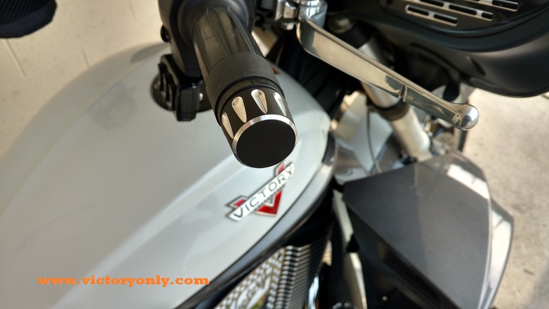 Fit all stock Victory® grips. Fit most aftermarket bars Will not fit Stock Vision Bars Sold 2 to a set Add that custom look to your stock grips with these custom bar ends. These bar ends are made from high strength, 6061-T6 aircraft grade billet aluminum - no die cast stuff here. A durable powder coat finish in a 60% gloss black to perfectly compliment your Victory®. After all of that work, we machine custom designs back into the aluminum for a high contrast finish.