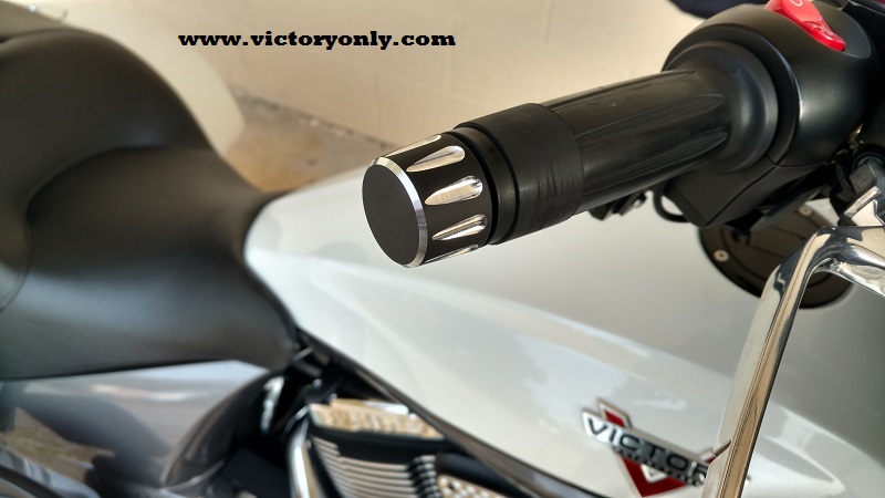 Fit all stock Victory® grips. Fit most aftermarket bars Will not fit Stock Vision Bars Sold 2 to a set Add that custom look to your stock grips with these custom bar ends. These bar ends are made from high strength, 6061-T6 aircraft grade billet aluminum - no die cast stuff here. A durable powder coat finish in a 60% gloss black to perfectly compliment your Victory®. After all of that work, we machine custom designs back into the aluminum for a high contrast finish.