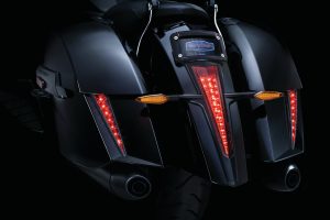 Bring some bite to your bike! Designed to compliment the body lines of the OEM saddlebags and coordinate with the main taillight, these stylish accents function as additional run-brake rear lighting. Peel-and-stick installation with plug-and-play wiring make installation simple. Available in Chrome or Gloss Black finishes.