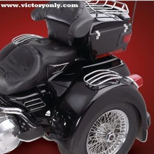 Victory Cross Country Saddlebag Rack Built with high luster chrome plated steel tube, these Trike Fender Racks will fit most aftermarket trike bodies and are easily installed with the supplied hardware. Drilling required. Rack size: 12” L x 6-1/4” W. CURVED FENDER RACKS, Fits Most Trike Side Fenders, and Curved Saddlebag Lids